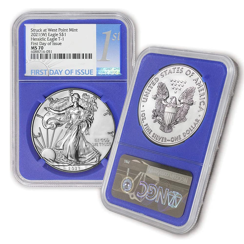 銀貨 Struck at West Point Mint 2021 MS70 1 oz American Silver Eagle Coin MS70 Heraldic Eagle T-1 by