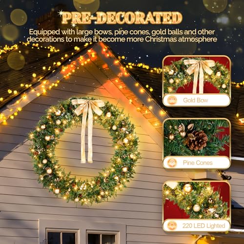 VINGLI 48 Inch Pre-lit Artificial Christmas Wreath with 150 LED Lights T885