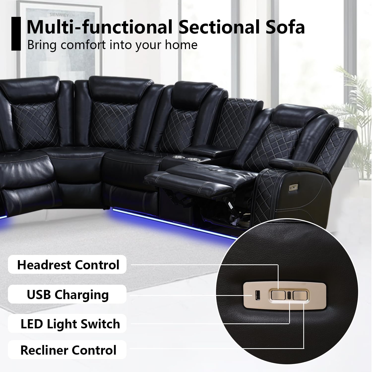 Black Leather Power Reclining Sectional Sofa with USB Port and LED Light L484