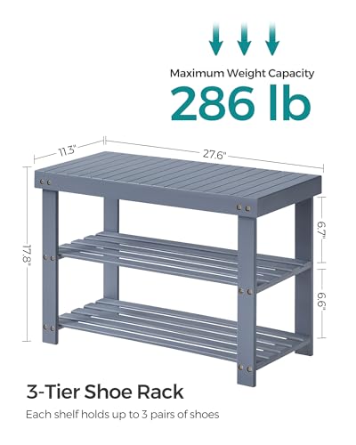 SONGMICS 3-Tier Bamboo Shoe Rack Bench, Entryway Storage, Ink Black X802