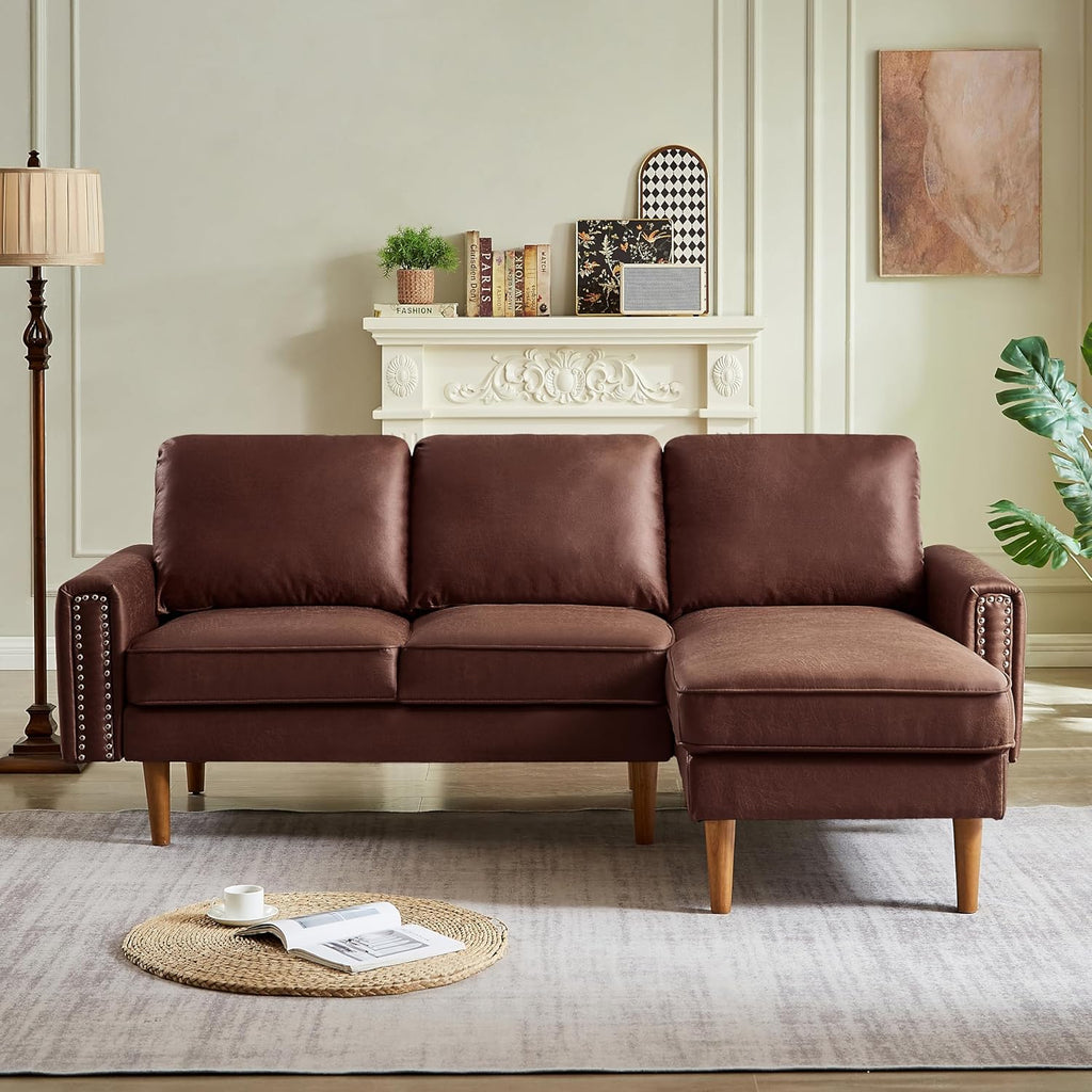 82.2" Mid Century Suede Leather Sofa with Right Chaise Lounge, 3 Seater Modern L-Shaped Couch w/Nail Armrests and Comfy Cushions, Deep Seat Corner Sectional for Living Room Bedroom Apartment