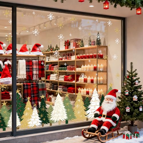 Whaline 9 Sheet Christmas Window Clings Snowy Forest Trees Reusable Window Decals H27510