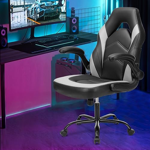Sweetcrispy Ergonomic PU Leather Gaming Desk Chair with Flip-up Armrest, Black White C54485