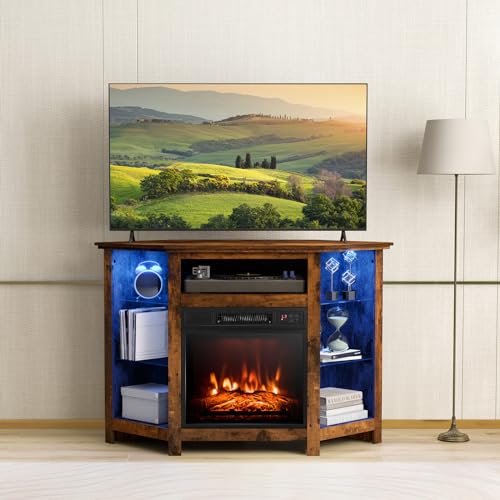 Fireplace Corner TV Stand, Entertainment Center for 50 Inch TV w/LED Lights Adjustable Shelves Overheat Protection Remote/APP Control, TV Console w/Built-in Electric Fireplace (Rustic Brown)