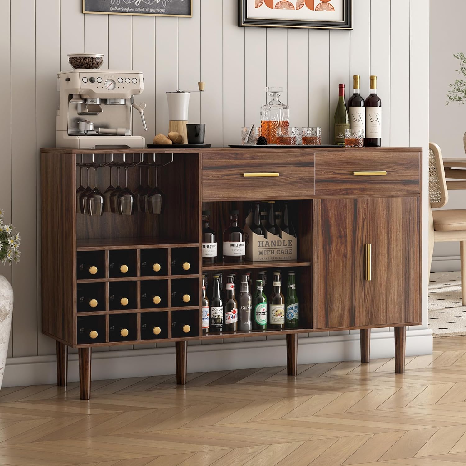 wanan 52" Rustic Wine Bar Cabinet, Industrial Coffee Cabinet for Liquor and Glasses, Liquor Cabinet with Storage for Home Kitchen Living Dining