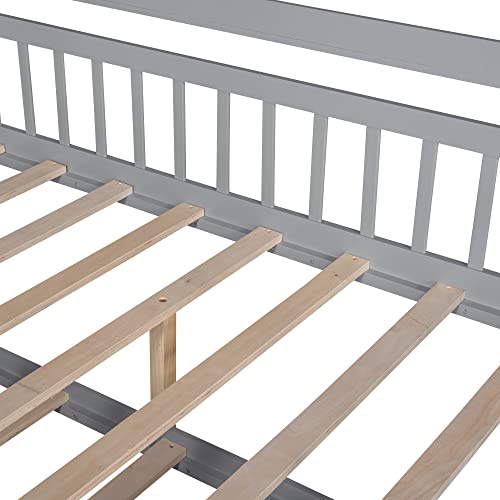 Full Size House Bed with Storage Shelf, Wooden Frame with Guardrail R174