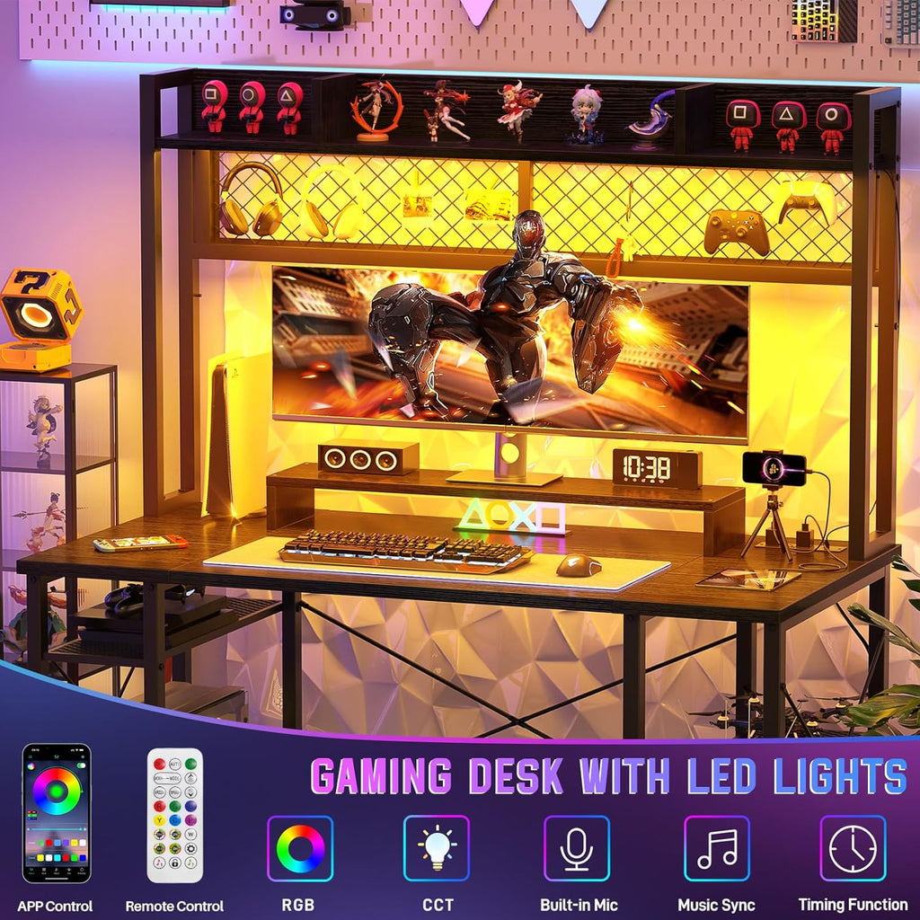 Gaming Desk with Hutch 47 Inch Computer Desk with LED Lights and Power Outlet, Black T635