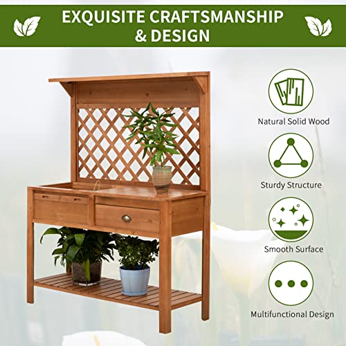 Outsunny Garden Potting Bench Outdoor Wooden Workstation Table with Storage Shelf E755029