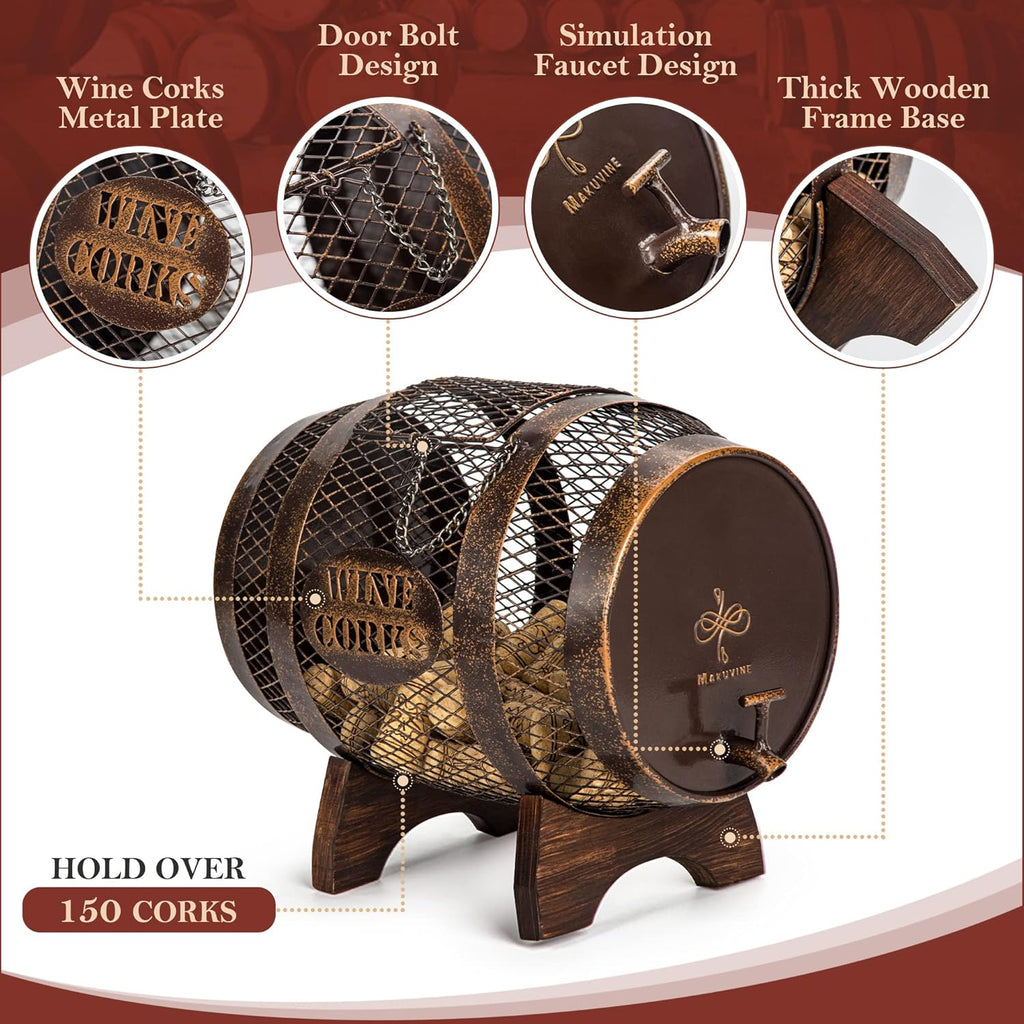Rustic Metal Barrel Wine Cork Holder with Wooden Stand Z81334