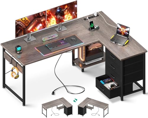 AODK L Shaped Gaming Desk with 4 Drawers, Power Outlets, Black P81263