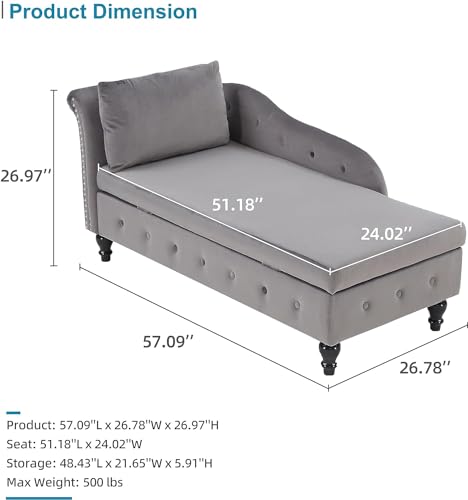 Modern Velvet Chaise Lounge with Left Armrest and Lumbar Pillow, Dark Gray T162