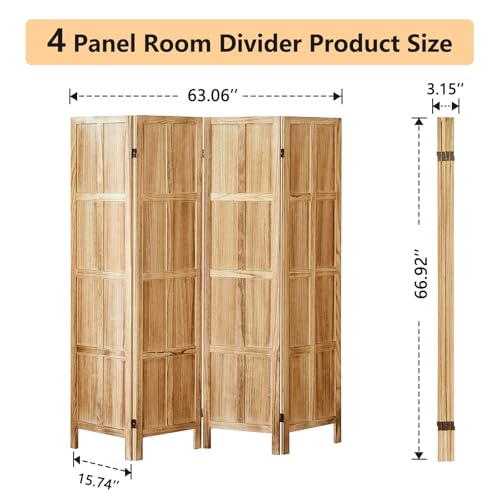 Wood Room Divider 4 Panel, 5.6 FT Tall Folding Privacy Screen, Retro White K4688