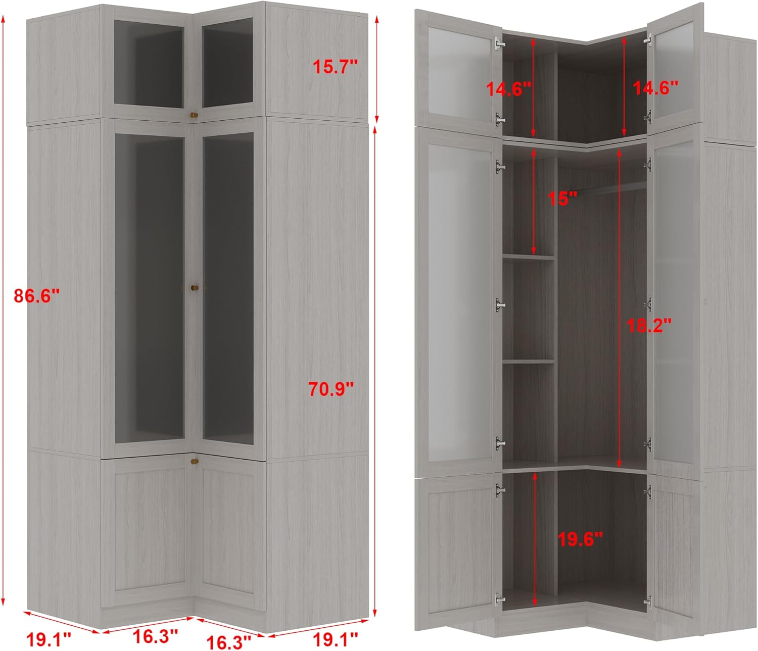 Homsee L-Shape Armoire Wardrobe with Frosted Glass Doors for Bedroom, Warm Grey C61970