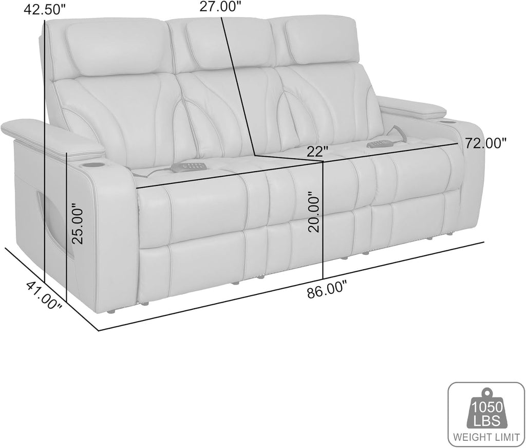 Armen Living Octavia Power Reclining Heated Massage Sofa, 86" Wide, Silver and Gray Leather M65396
