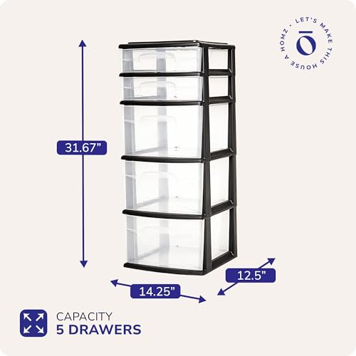 HOMZ Drawer Tower 5-Tier Clear Plastic Storage Organizer Black Frame V824