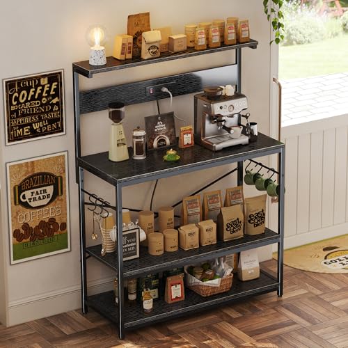 SUPERJARE Kitchen Bakers Rack with Power Outlet, Coffee Bar Table, Rustic Brown W637