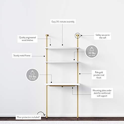 Nathan James Theo 2-Shelf Industrial Wall Mount Desk, White/Gold Brass S899841