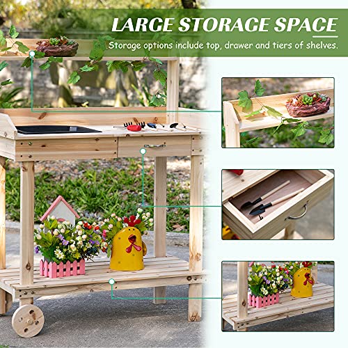 Outsunny 36" Wooden Potting Bench Work Table with Sink and Storage, Brown O683