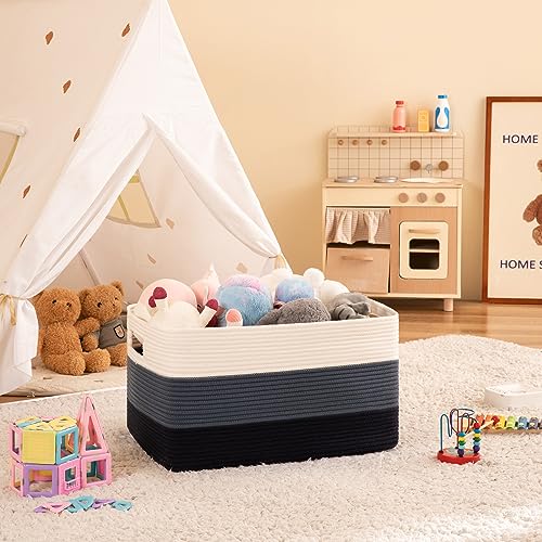 OIAHOMY Large Rectangle Woven Blanket Basket with Handle, Gradient Blue B58762