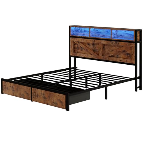 Farmhouse Full Size Bed Frame with Storage Headboard and Charging Station J722
