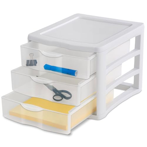 Sterilite 3 Drawer Plastic Desktop Organizer, White Frame, 4-Pack K799
