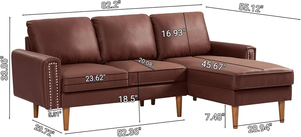 Mid Century Suede Leather Sofa with Right Chaise Lounge, 3 Seater L-Shaped Couch X618