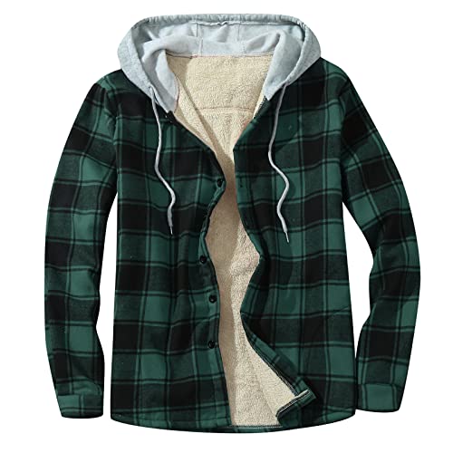 Mens Fleece Lined Flannel Plaid Shirts Jacket Button Down Sherpa Jackets with Hood Long Sleeve Winter Hooded Coats