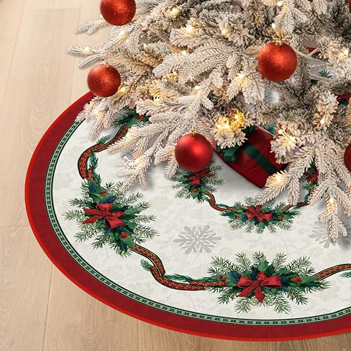 Christmas Tree Skirt 36 Inches with Ribbon Holly, Winter Xmas Tree Mat M27278
