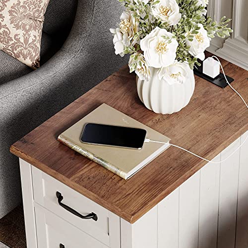 WAMPAT 2 Pack End Table with Charging Station and Storage, White/Oak E6157