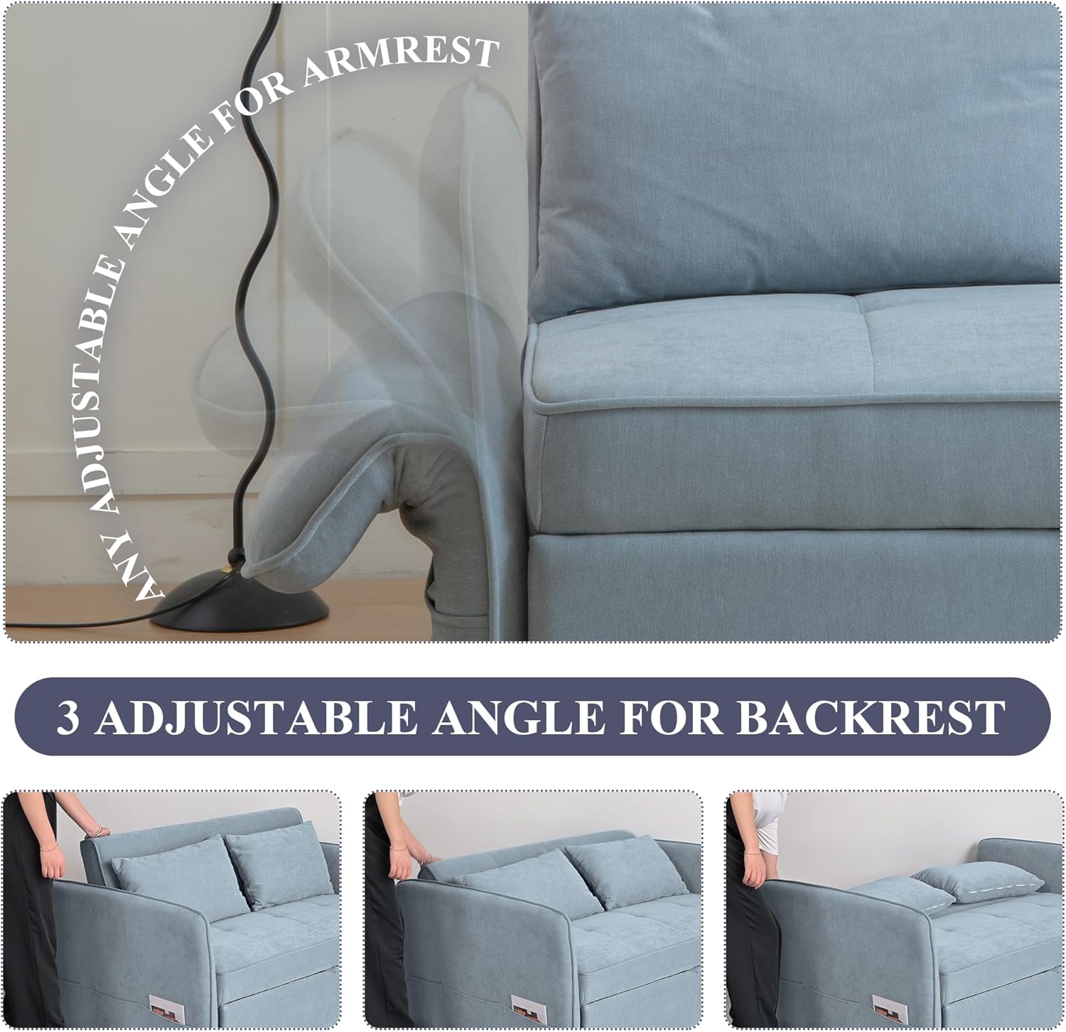 Chenille Fabric 3-in-1 Double Sofa Bed with Pull-Out Bed, Bluish Grey Q8445