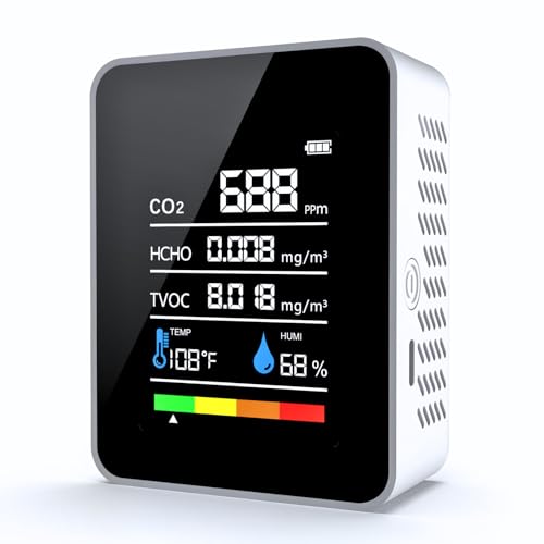 CO2 Detector Air Quality Monitor Indoor, 5-in-1 Formaldehyde/CO2/TVOC/Temperature（℉）/Humidity Detector, Portable Carbon Dioxide Detector, CO2 Monitor, for Home Testing Indoor Air Safety (Black)
