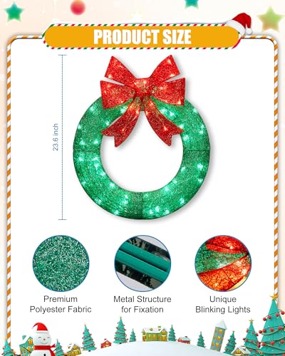 Brightown 24 Inch Pre-Lit Artificial Christmas Wreath with Pine Cones & Berries L37024