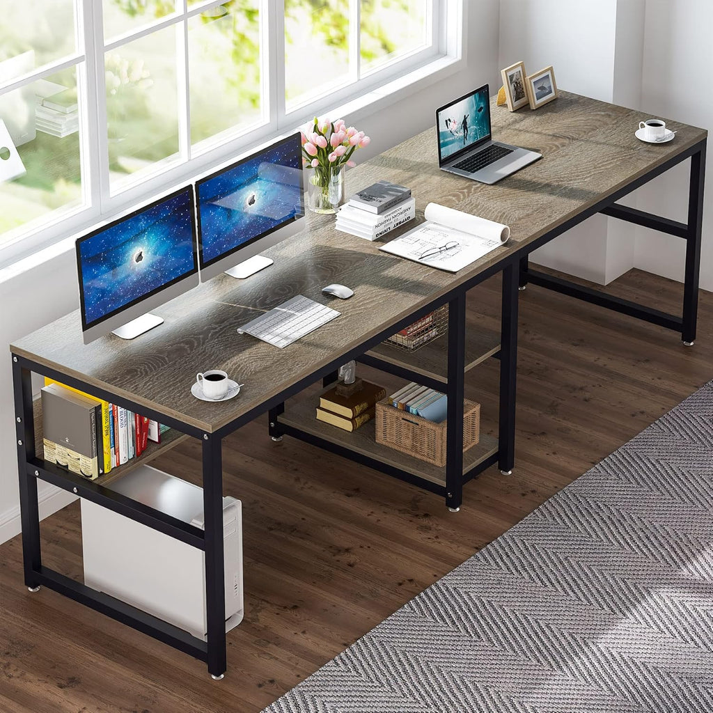 78.7" Two Person Desk with Bookshelf, Industrial Office Workstation W856