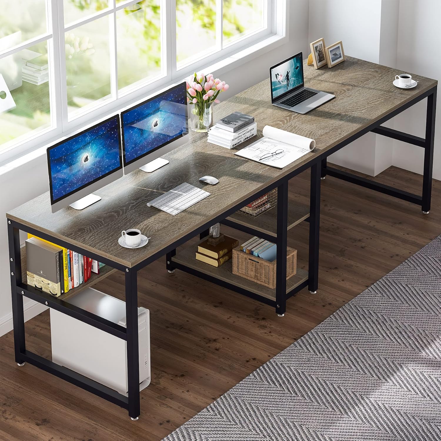 78.7" Two Person Desk with Bookshelf, Industrial Office Workstation W856
