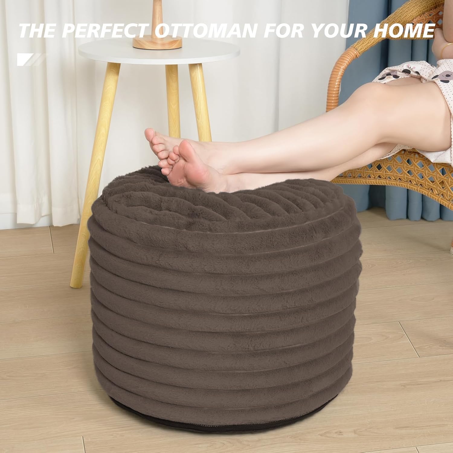 Faux Fur Pouf Ottoman Foot Rest Stool with Foam Filling, 20 x 15 Inch, Brown F338