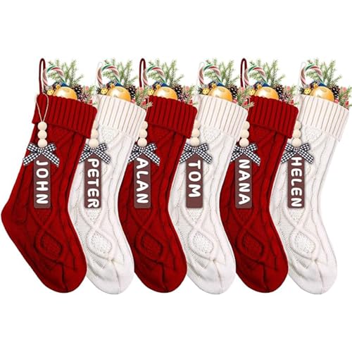 Set of 6 Personalized Christmas Stockings with Wooden Name Tags D26869