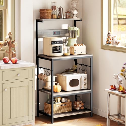 SUPERJARE Kitchen Bakers Rack with Power Outlet, Coffee Bar Table, Rustic Brown W637