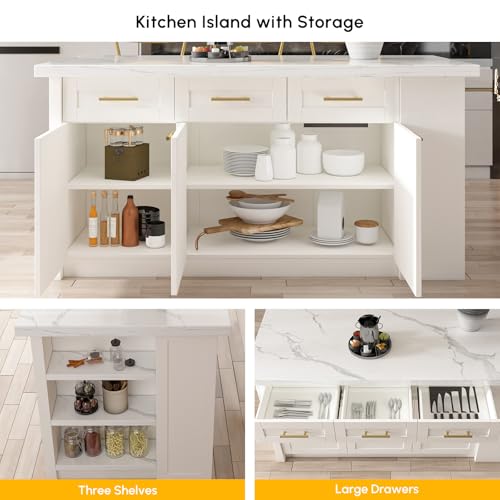 homary 72" Kitchen Island with Storage, White Dining Table with Seating & 3 Drawers H6352