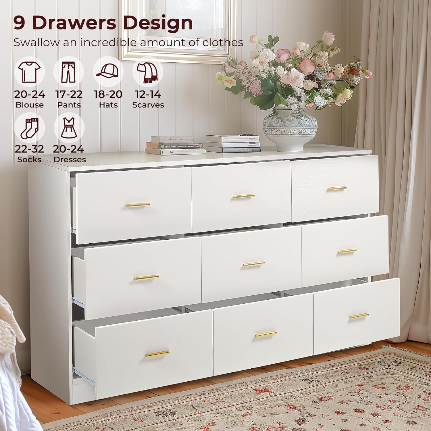White Dresser for Bedroom with 9 Drawers, Modern TV Stand, Wooden Top, 63" M5379