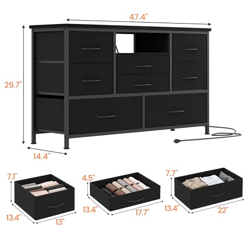 Dresser TV Stand with Power Outlet & LED for 55'' TV, 8 Drawers, Wood Top P3503