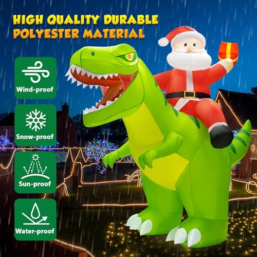 9x8FT Christmas Inflatables Outdoor Santa Riding Dinosaur with LED Lights J950277