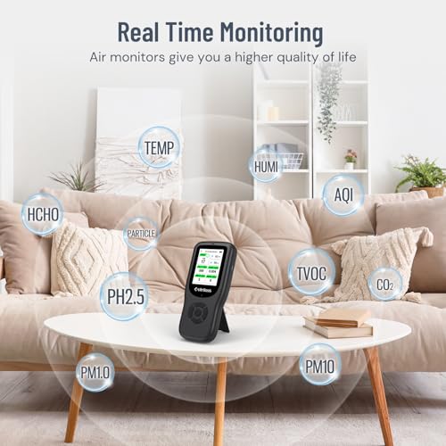 LifeBasis 11-in-1 Indoor Air Quality Monitor with Stand, Real-Time AQI, PM2.5, CO2, Temperature and Humidity Z448408