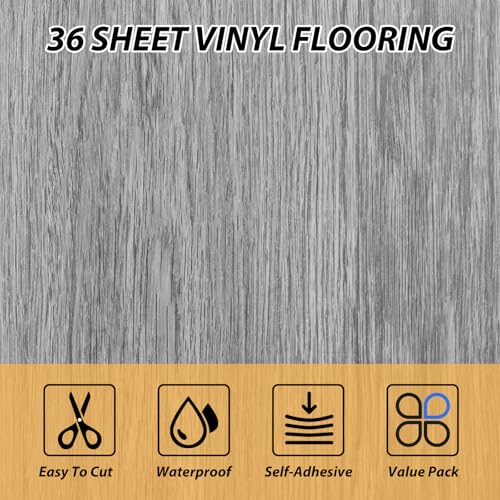 Thicken 36 Sheet Vinyl Flooring 12x12 Peel and Stick Waterproof Grey Wood Self Adhesive Tiles Y195247