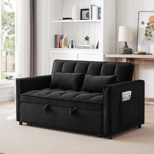 Sofa Bed,3 in 1 Convertible Sofa Bed, Modern Velvet Single Double Sofa, Adjustable Back, Storage Bag and Pillow Sofa Bed, Suitable for Living Room, Bedroom (Blue, Double)
