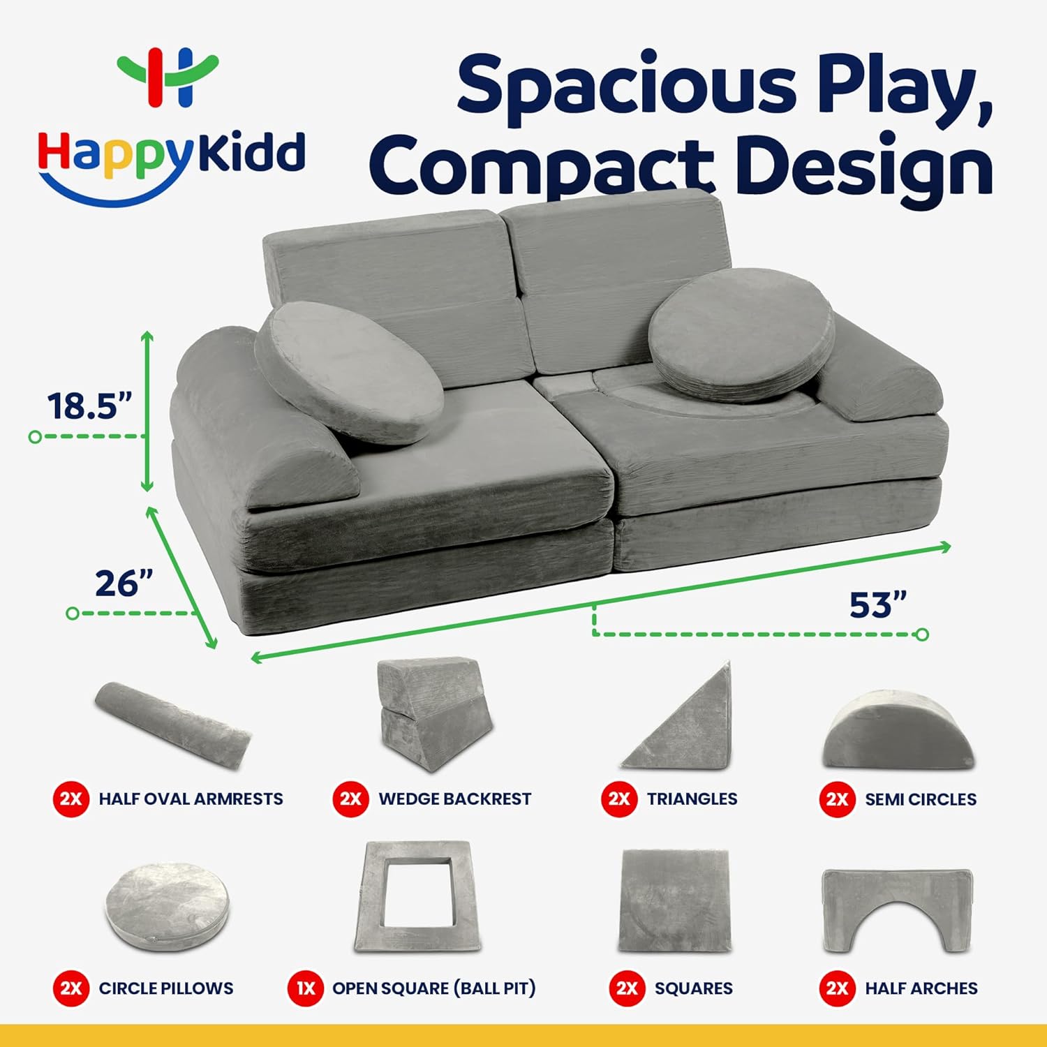 Modular Kids Play Couch 15 Pieces Buildable Plush Panels with Ball Pit Square W50300
