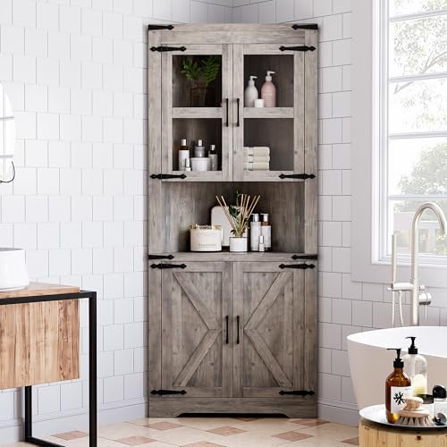 Farmhouse Corner Cabinet, Tall Corner Cabinet with Barn Door & Adjustable Shelves, Corner Storage Cabinet for Living Room, Kitchen, Bathroom, White