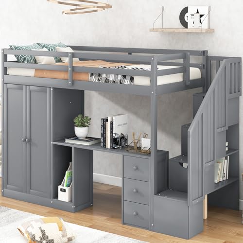 Harper & Bright Designs Twin Size Loft Bed with Desk and Stairs, Solid Wood Loft Bed Frame with Storage and Slat Support, for Kids Teens Adults (Espresso)