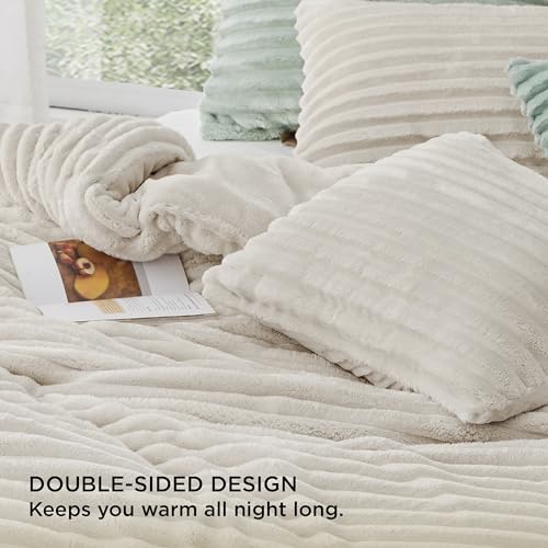 Bedsure Fluffy Faux Fur Comforter Set King Cream White, 3 Pieces R124