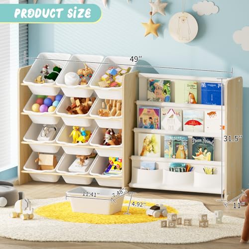 Kids Toy Storage Organizer with Bookshelf, 12 Bin, 4 Shelf, Burlywood E313566