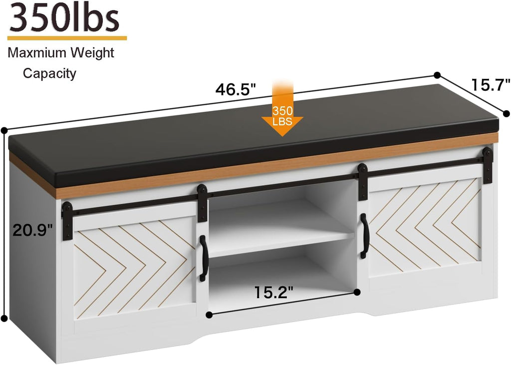 Farmhouse Shoe Storage Bench with Padded Seat and Barn Doors F4988